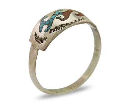Men Navajo Wave Ring 925 Silver Coral & Turquoise Native Artist C.80's