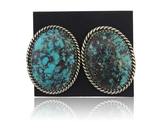 Navajo Earrings 925 Silver Blue Diamond Turquoise Signed Running Bear C.80's