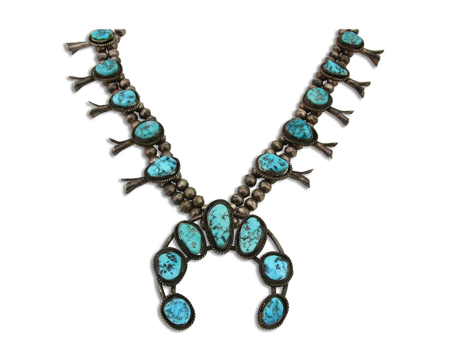 VTG Navajo Natural Blue Turquoise Squash Necklace 925 Silver Native Artist