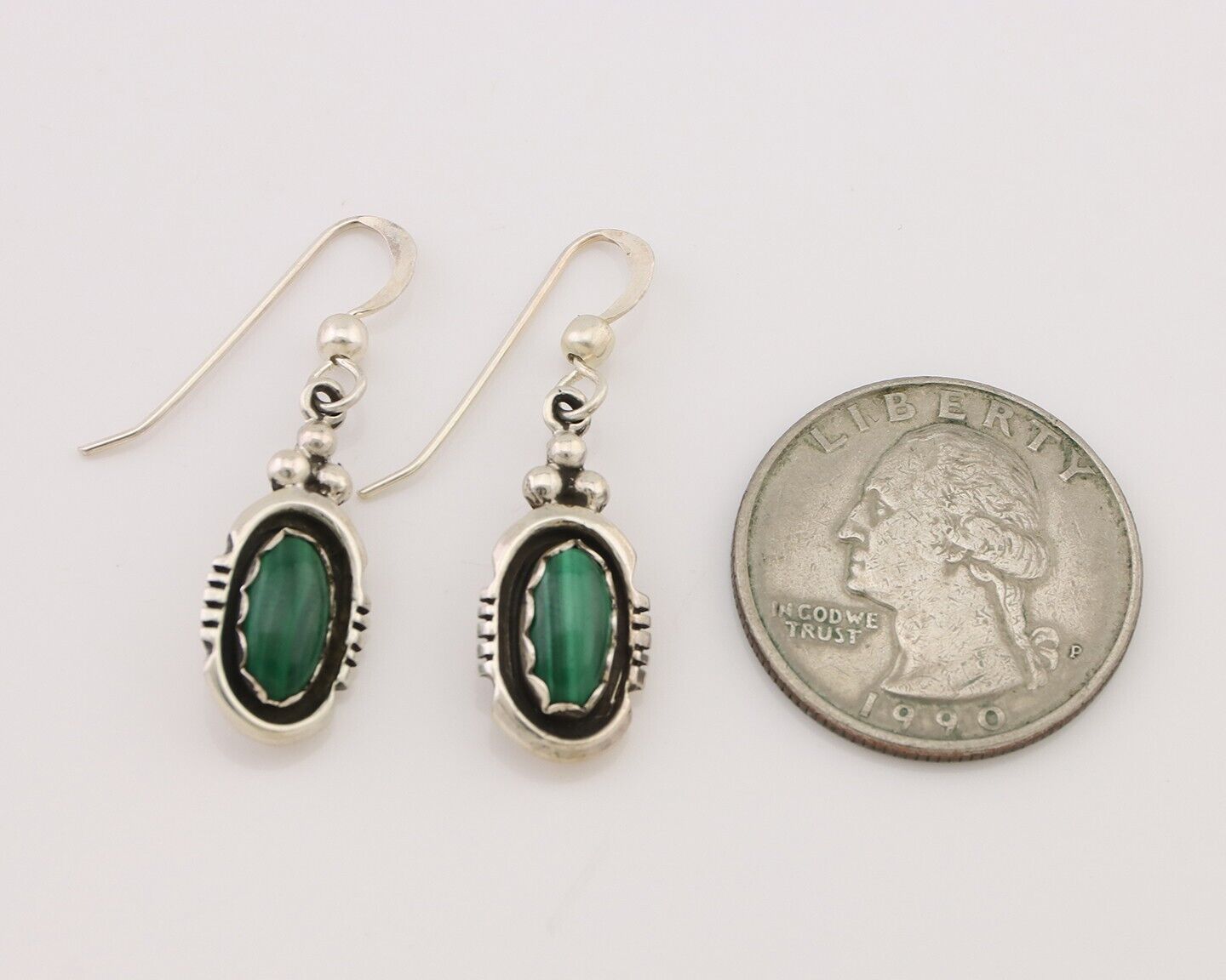 Navajo Dangle Earrings 925 Silver Natural Malachite Native American Artist C.80s