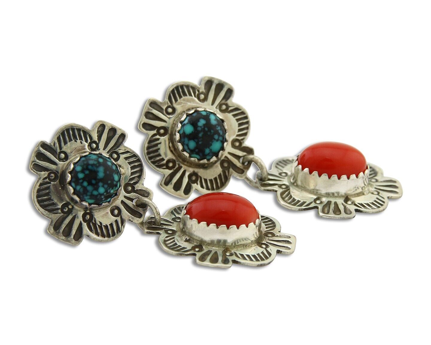 Navajo Earrings 925 Silver Turquoise & Coral Artist Signed Mary Ellen C.80's