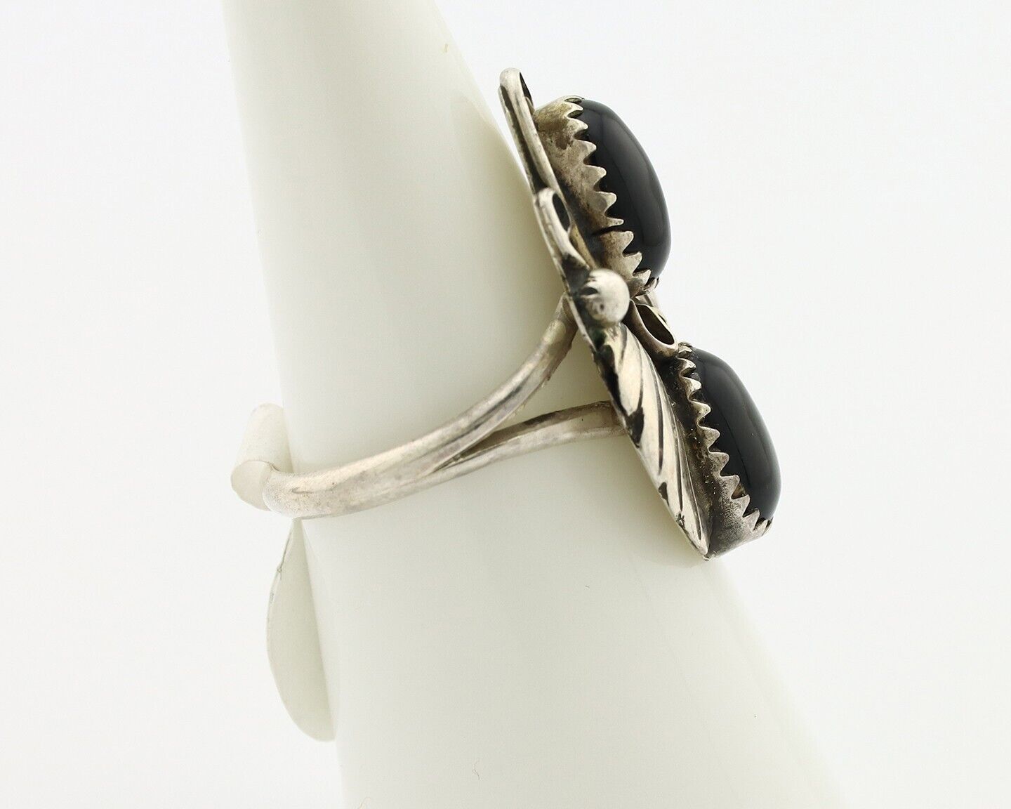 Navajo Ring 925 Silver Onyx Hand Stamped Artist Signed Tom Willeto C.80's