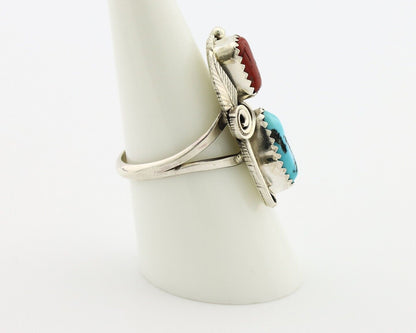 Navajo Ring .925 Silver Turquoise & Coral Artist Signed Justin Morris C.80's