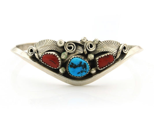 Navajo Cuff Bracelet Sterling Silver Natural Coral Turquoise Sign Justin Morris