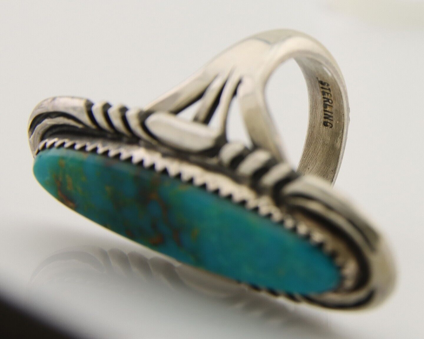 Navajo Hand Stamped Ring 925 Silver Turquoise Native Artist Begay C.80's