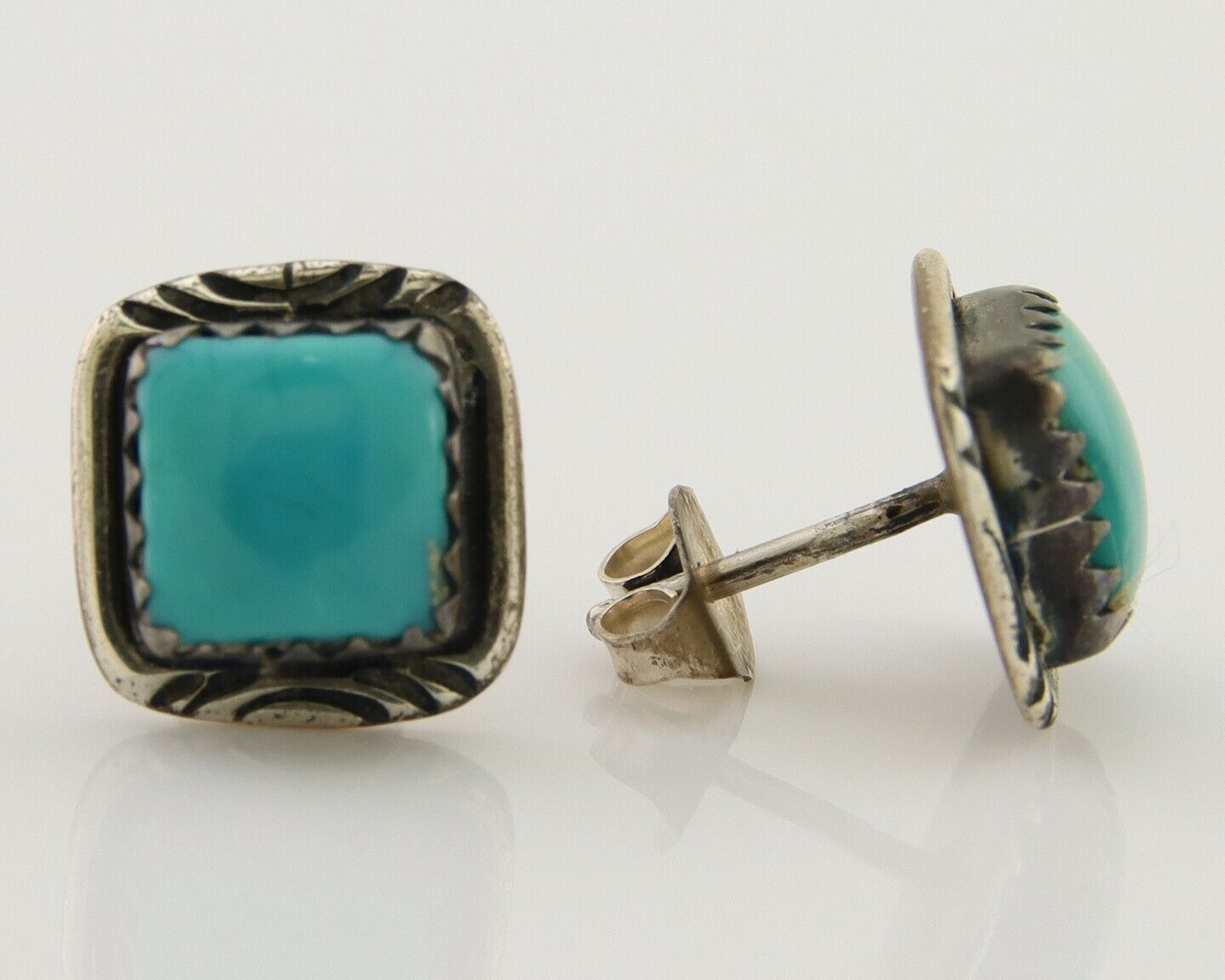 Navajo Hand Stampied Earrings 925 Silver Blue Turquoise Native Artist C.80's