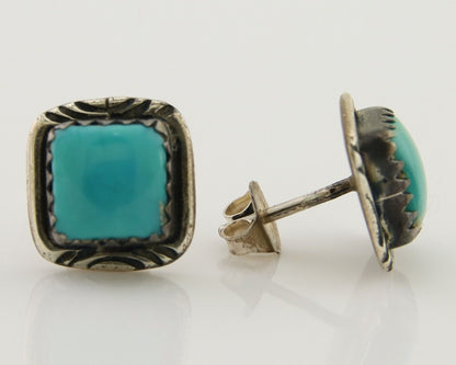 Navajo Hand Stampied Earrings 925 Silver Blue Turquoise Native Artist C.80's