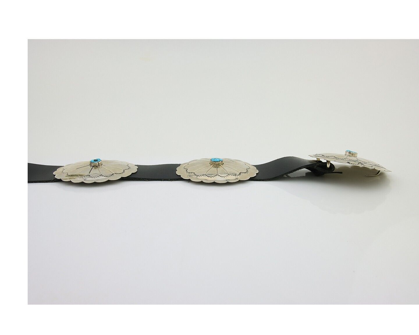 Navajo Handmade Concho Belt Turquoise 925 Silver Signed RS Arrow C.80's