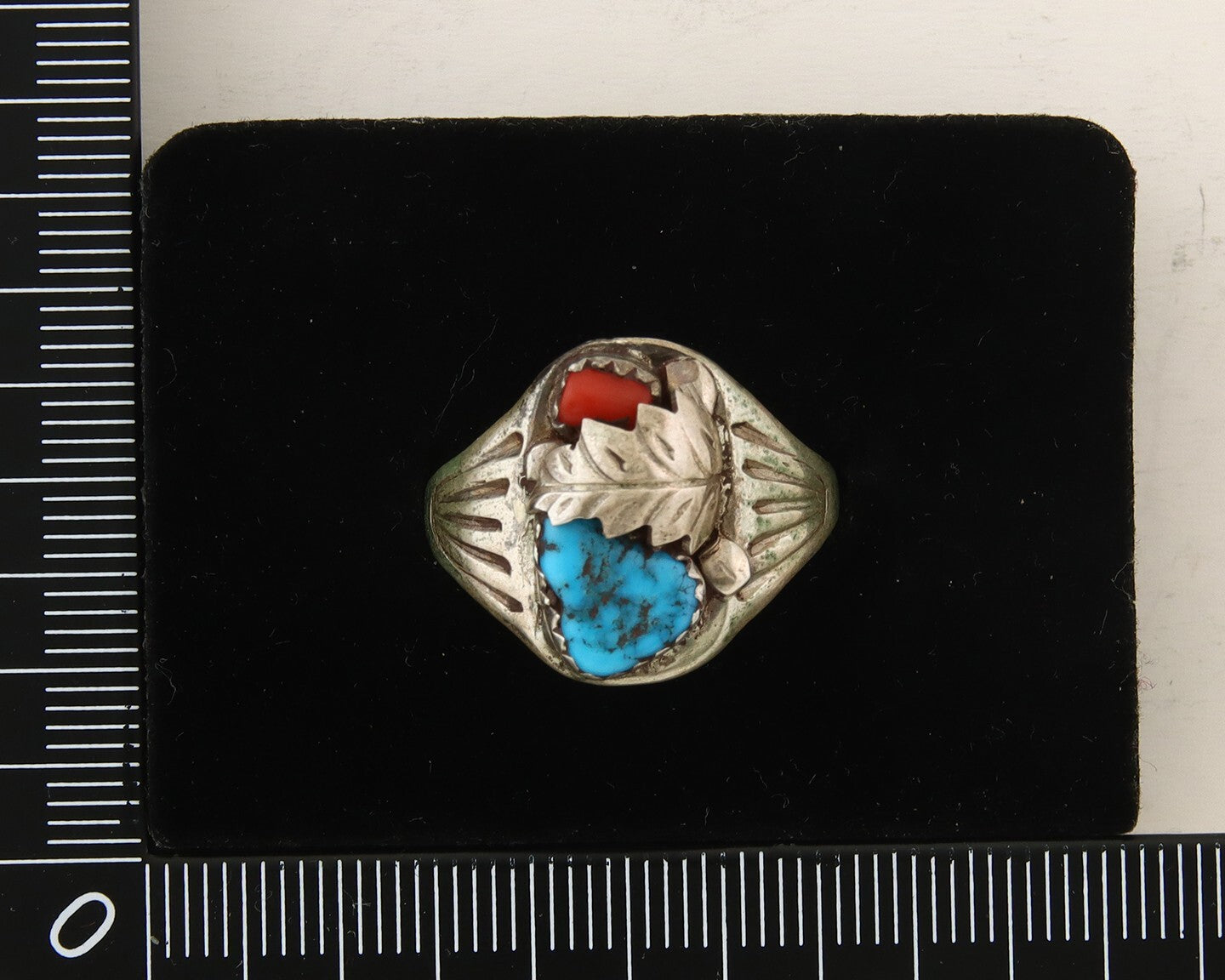 Navajo Ring 925 Sterling Turquoise & Coral Native Artist C.80's Size 9.25