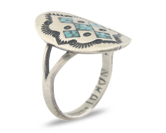 Navajo Ring 925 Sterling Natural Chip Inlay Turquoise C.80's Size 5.75