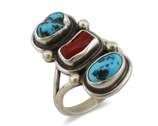 Navajo Ring 925 Silver Sleeping B Turquoise & Coral Native American Artist C.80s
