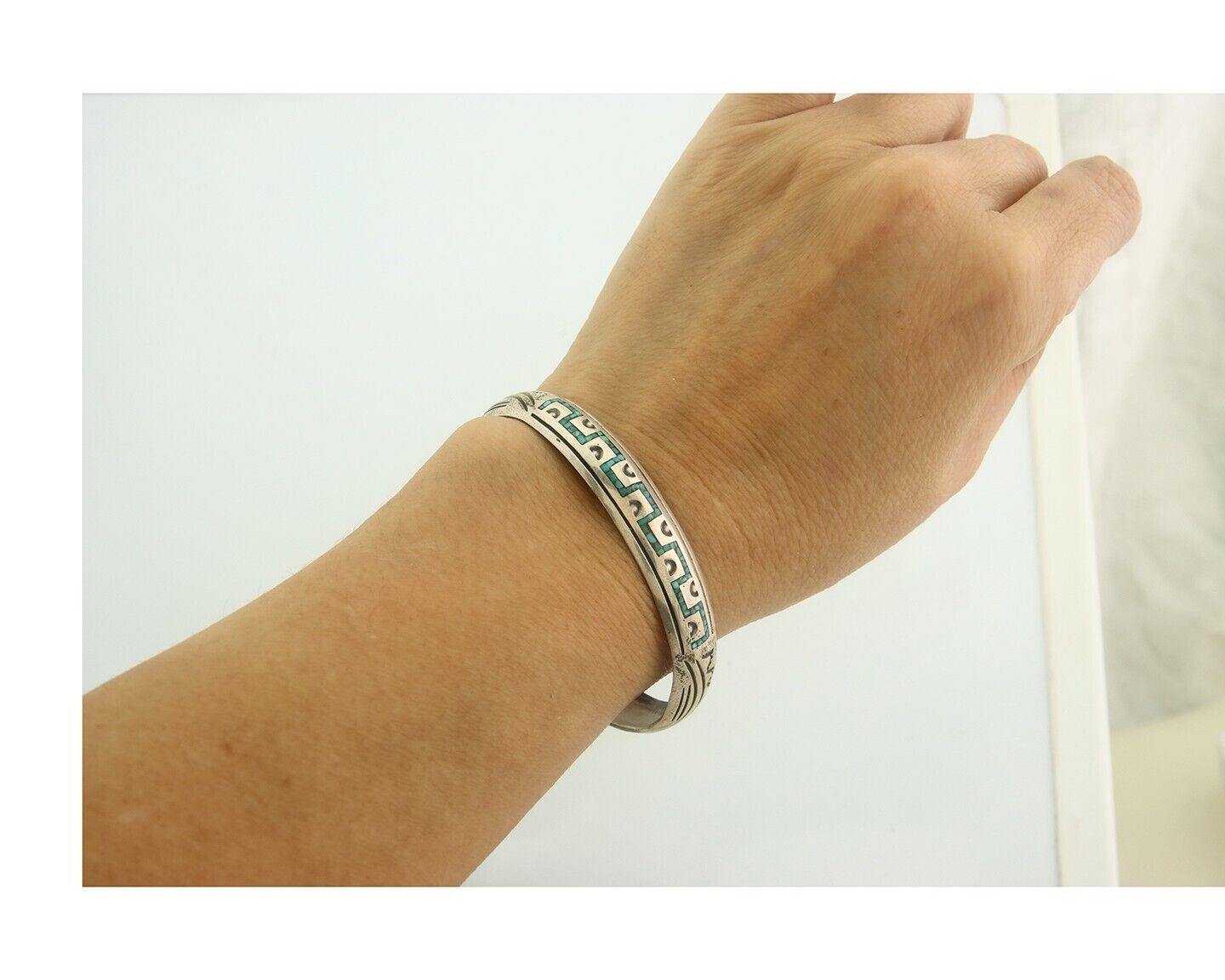 Navajo Bracelet 925 Silver Inlaid Turquoise Coral Artist Signed Stanley Bain C80