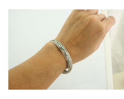 Navajo Bracelet 925 Silver Inlaid Turquoise Coral Artist Signed Stanley Bain C80