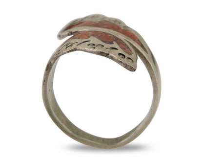 Navajo Ring 925 Silver Chip Inlay Coral Native Artist C.80's