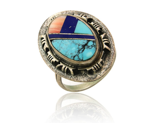 Navajo Tiwa Ring Sterling Silver Gemstone Vintage Native American Artist Sz 7.5