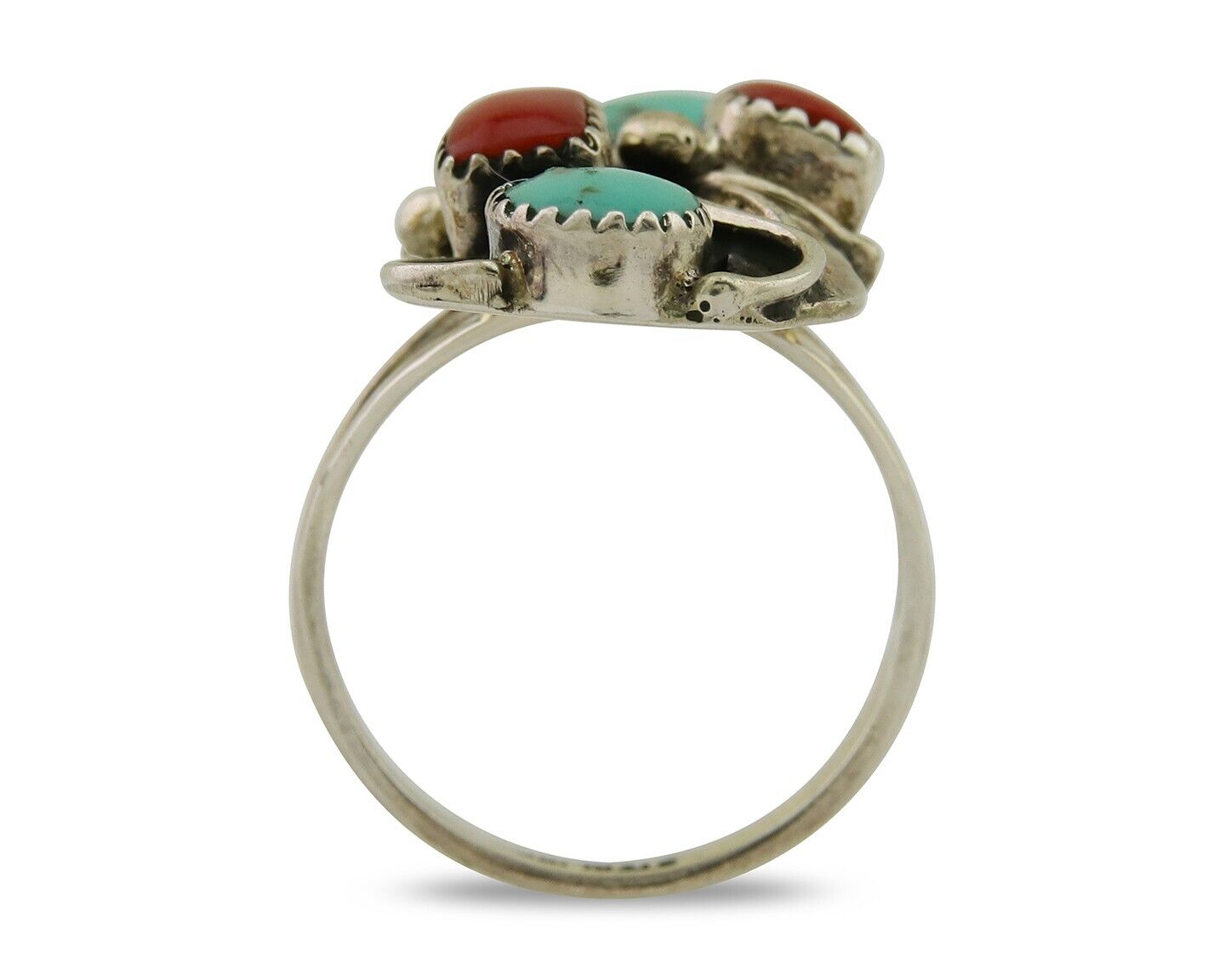 Navajo Handmade Ring 925 Silver Coral & Turquoise Native Artist C.80's