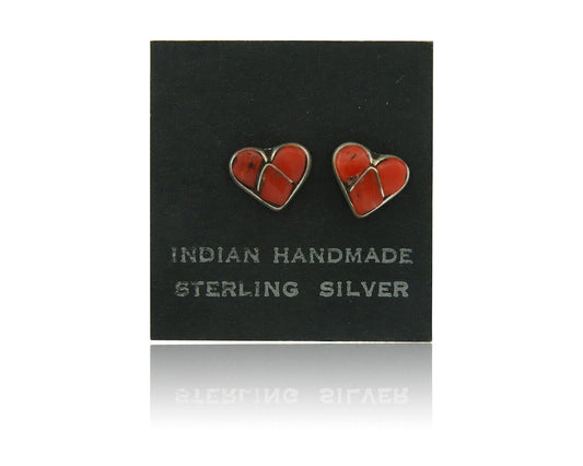 Navajo Heart Earrings 925 Silver Natural Inlaid Coral Native American Artist C80