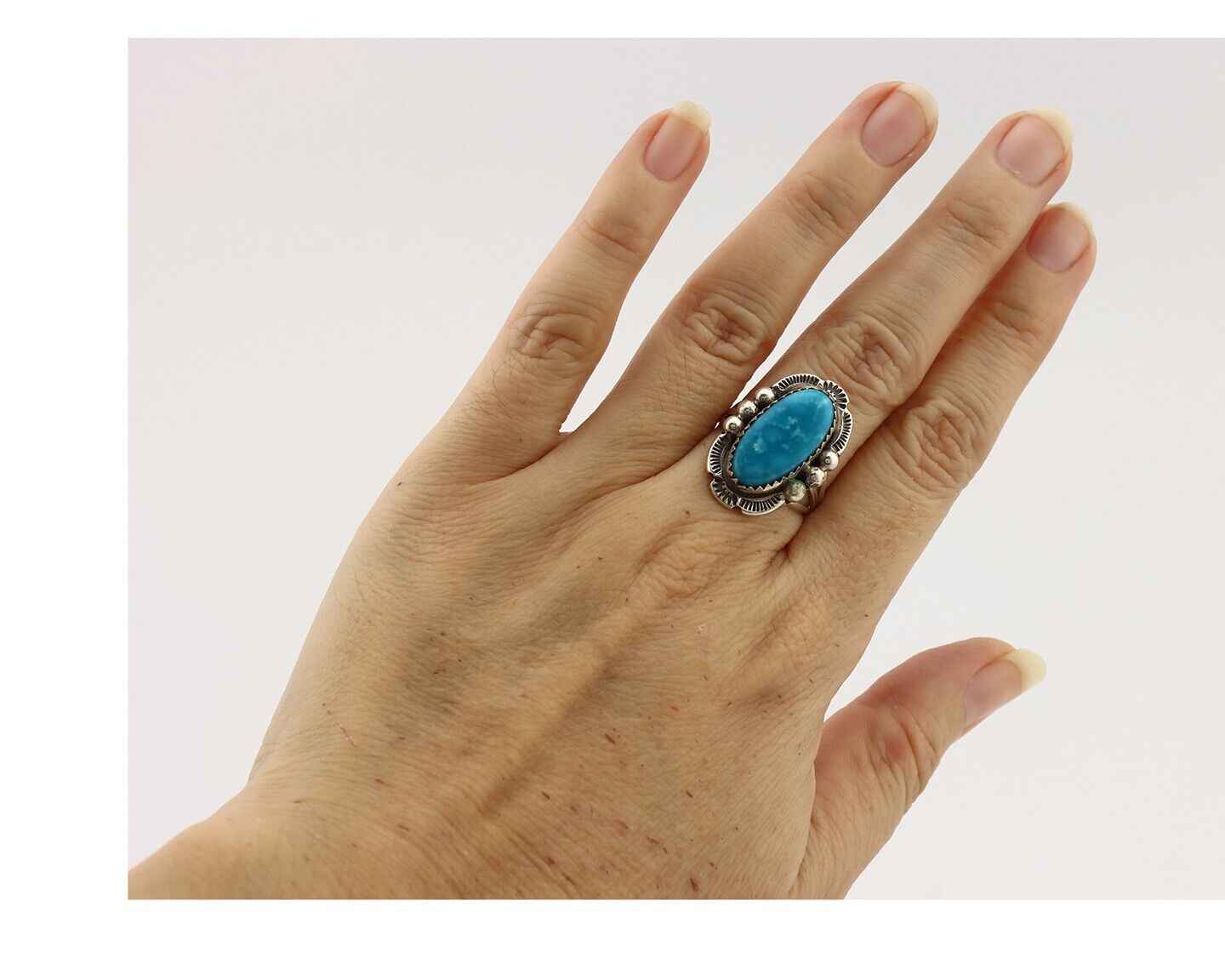 Navajo Ring 925 Silver Blue Gem Turquoise Native American Artist C.80's