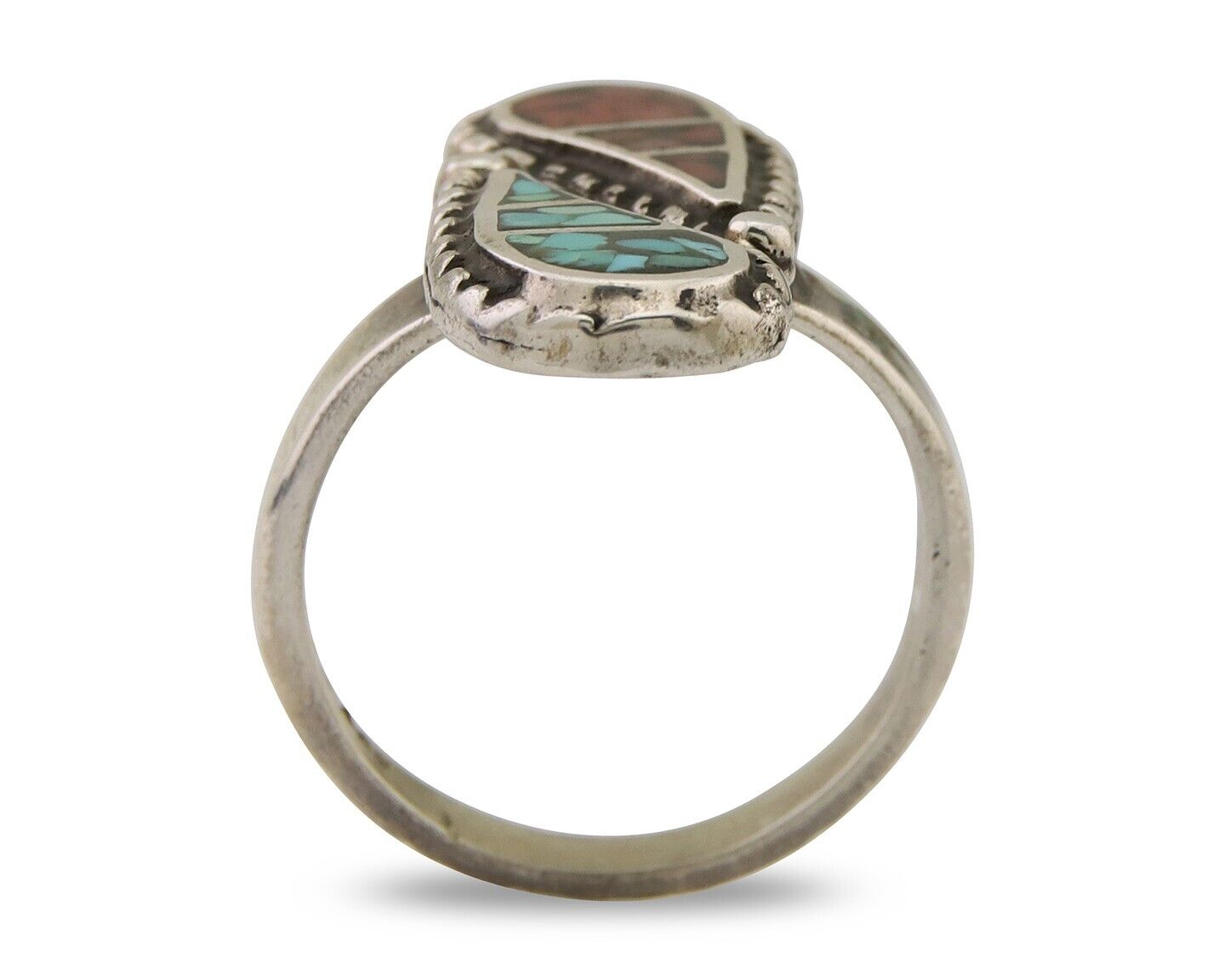 Navajo Ring 925 Silver Chip Inlay Turquoise & Coral Native Artist C.80's