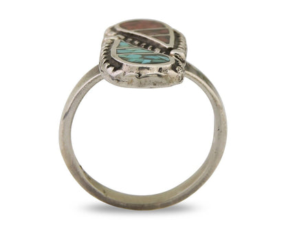Navajo Ring 925 Silver Chip Inlay Turquoise & Coral Native Artist C.80's