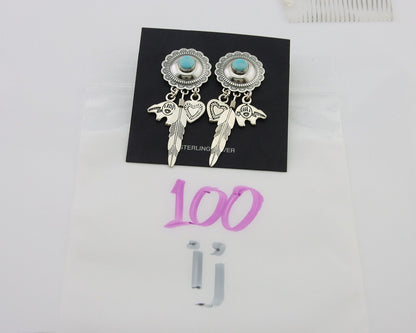 Navajo Concho Dangle Bear Feather Heart Earrings 925 Silver Natural Turquoise