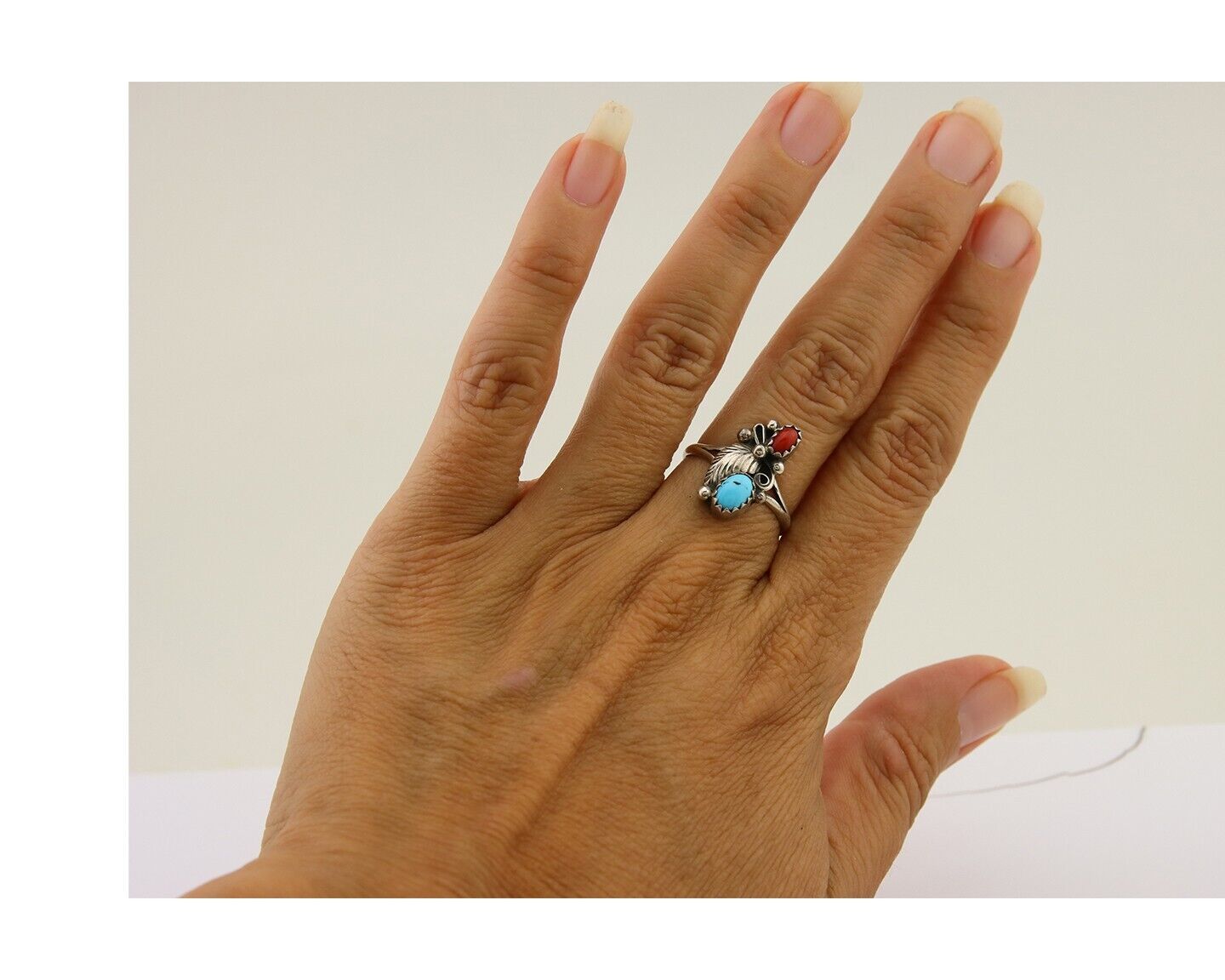 Navajo Handmade Ring 925 Silver Turquoise & Coral Native Artist C.80's
