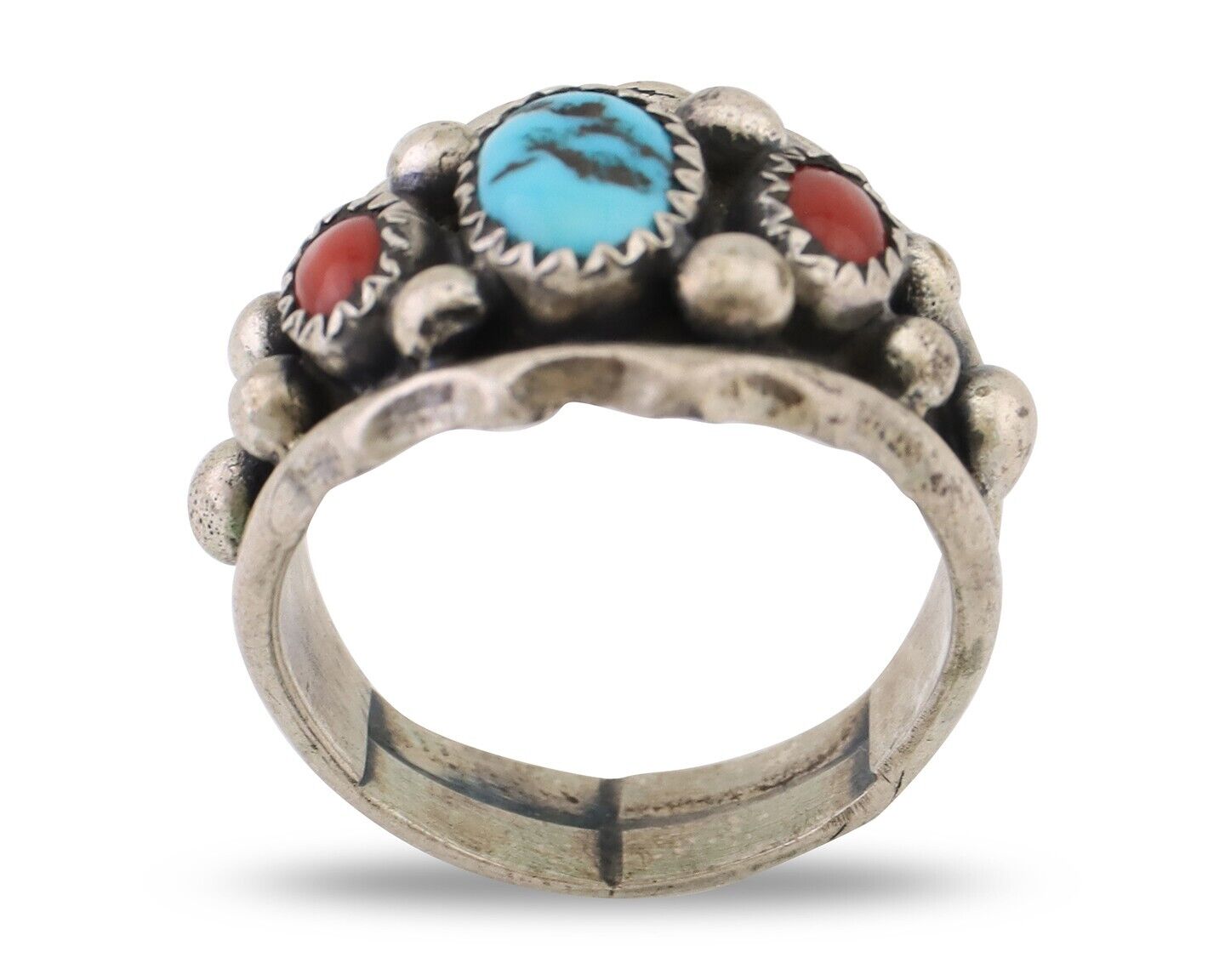 Navajo Ring 925 Silver Coral Turquoise Artist Signed Ella Cowboy C.80's