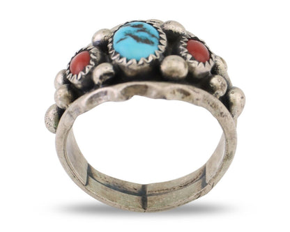 Navajo Ring 925 Silver Coral Turquoise Artist Signed Ella Cowboy C.80's