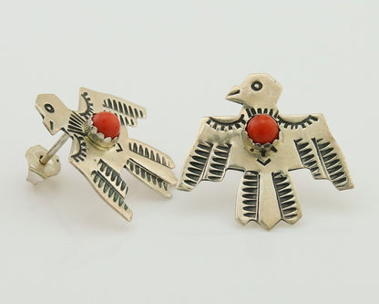 Navajo Thunderbird Earrings 925 Silver Natural Red Coral Native Artist C.80's