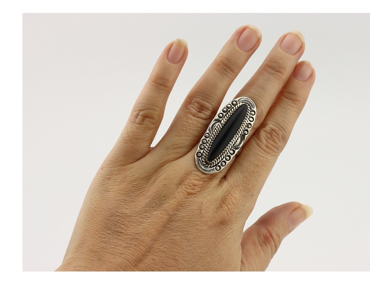 Navajo Ring 925 Silver Onyx Hand Stamped Native American Artist C.80's