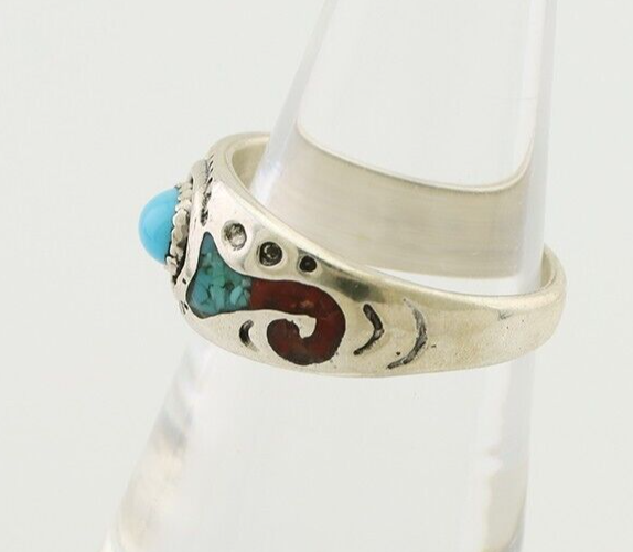 Navajo Ring 925 Silver Turquoise & Coral Natural American Artist C.80's