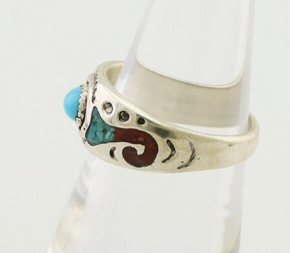Navajo Ring 925 Silver Turquoise & Coral Natural American Artist C.80's