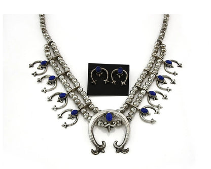 Navajo Squash Necklace Earring Set Sterling Silver Lapis Vintage C.80's