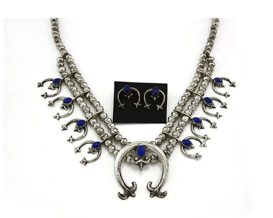 Navajo Squash Necklace Earring Set Sterling Silver Lapis Vintage C.80's