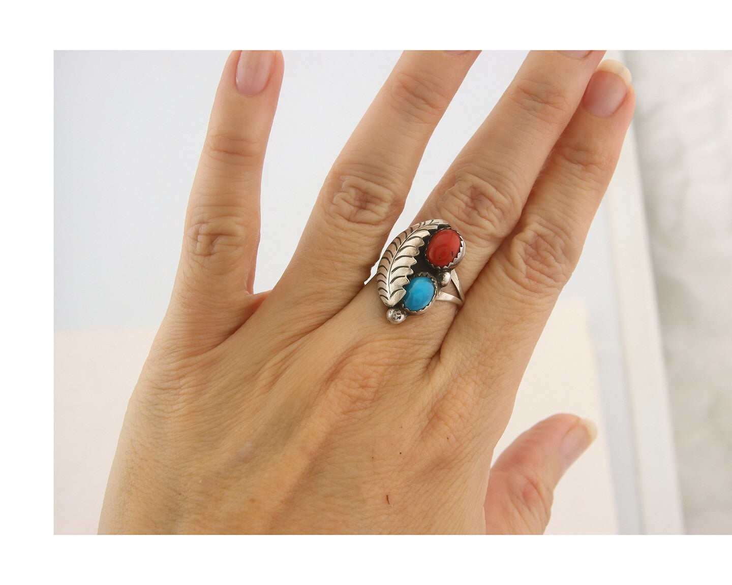 Navajo Ring 925 Sterling Natural Coral & Turquoise Signed BB C.80's Size 6.0