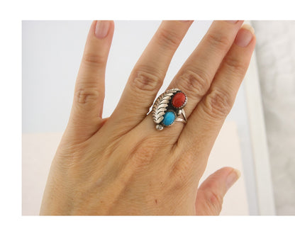 Navajo Ring 925 Sterling Natural Coral & Turquoise Signed BB C.80's Size 6.0