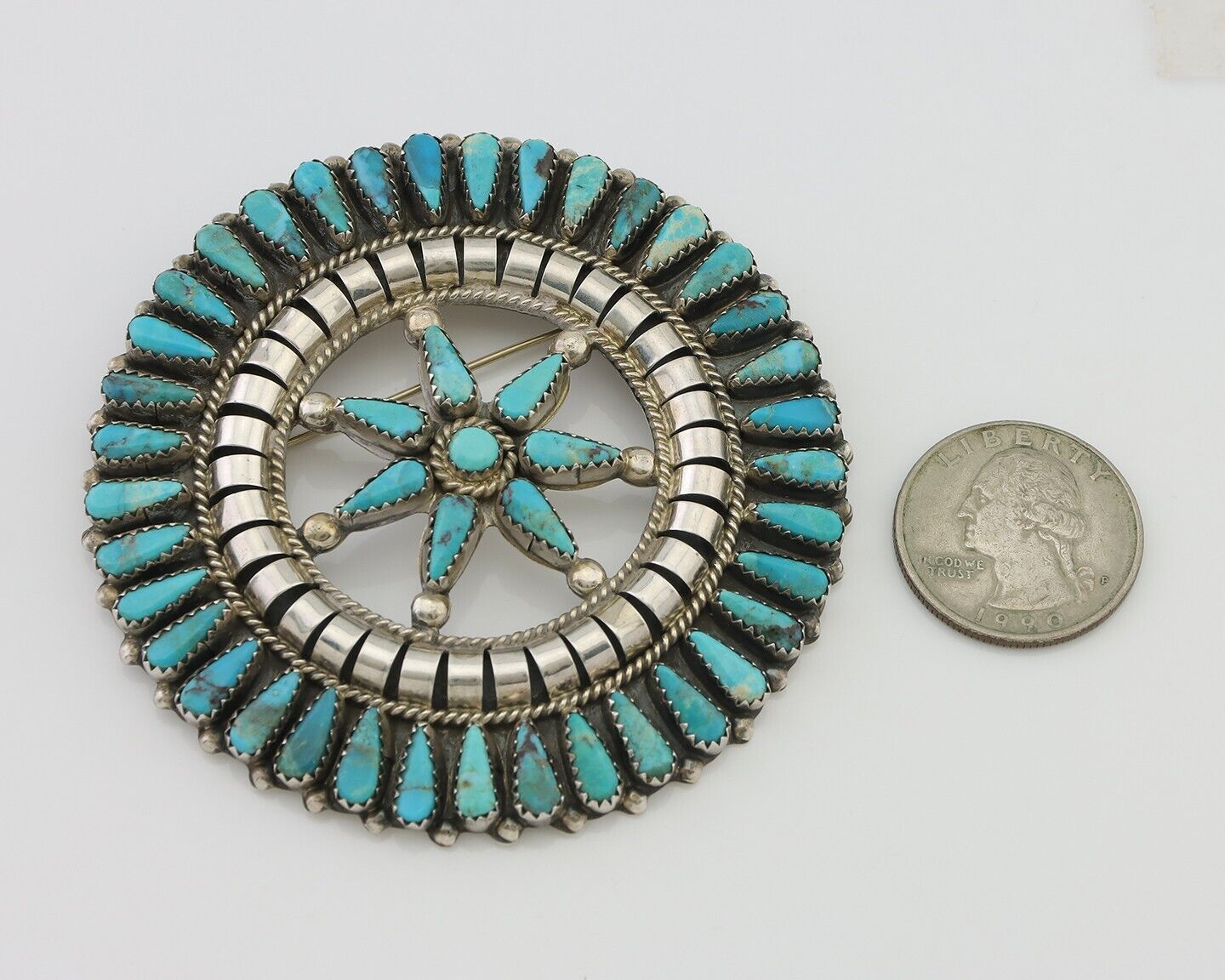 Navajo Pin Pendant 925 Silver Blue Turquoise Signed Tommy Lowe C.80's