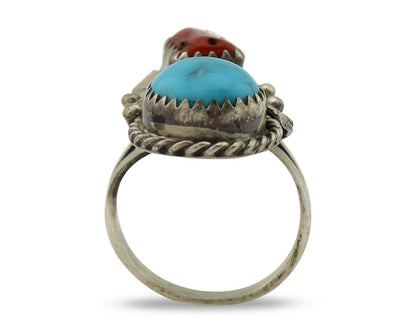 Navajo Ring 925 Silver Blue Turquiose & Coral Artist Signed Justin Morris C.80's