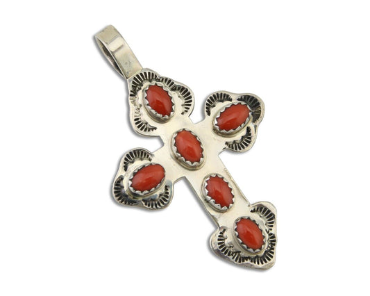 Navajo Cross Pendant 925 Silver Mediterranean Coral Artist Signed CB C.80's