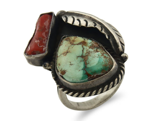 Vintage Navajo Ring 925 Sterling Silver Traditional Authentic Coral & Turquoise