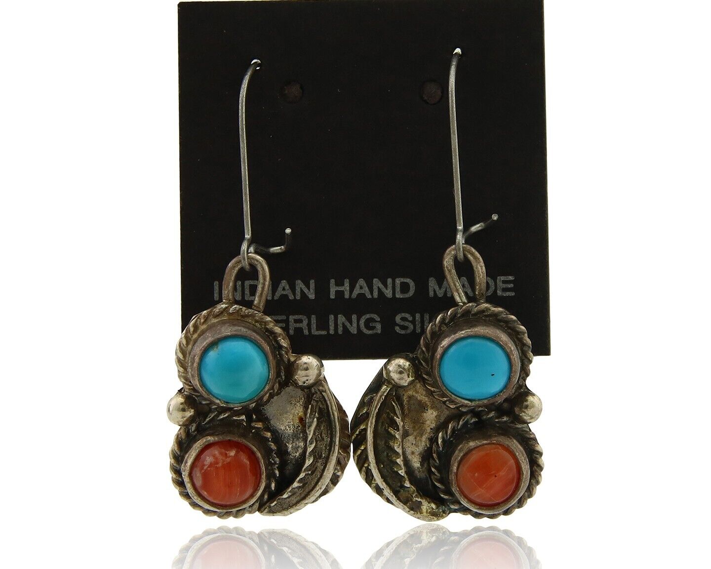 Navajo Earrings 925 Silver Turquoise & Spiney Oyster Native American Artist C80s