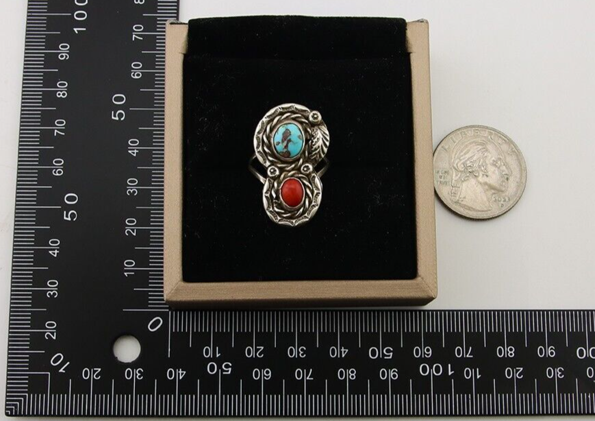 Navajo Ring 925 Silver Turquoise & Coral Native American Artist C.80's