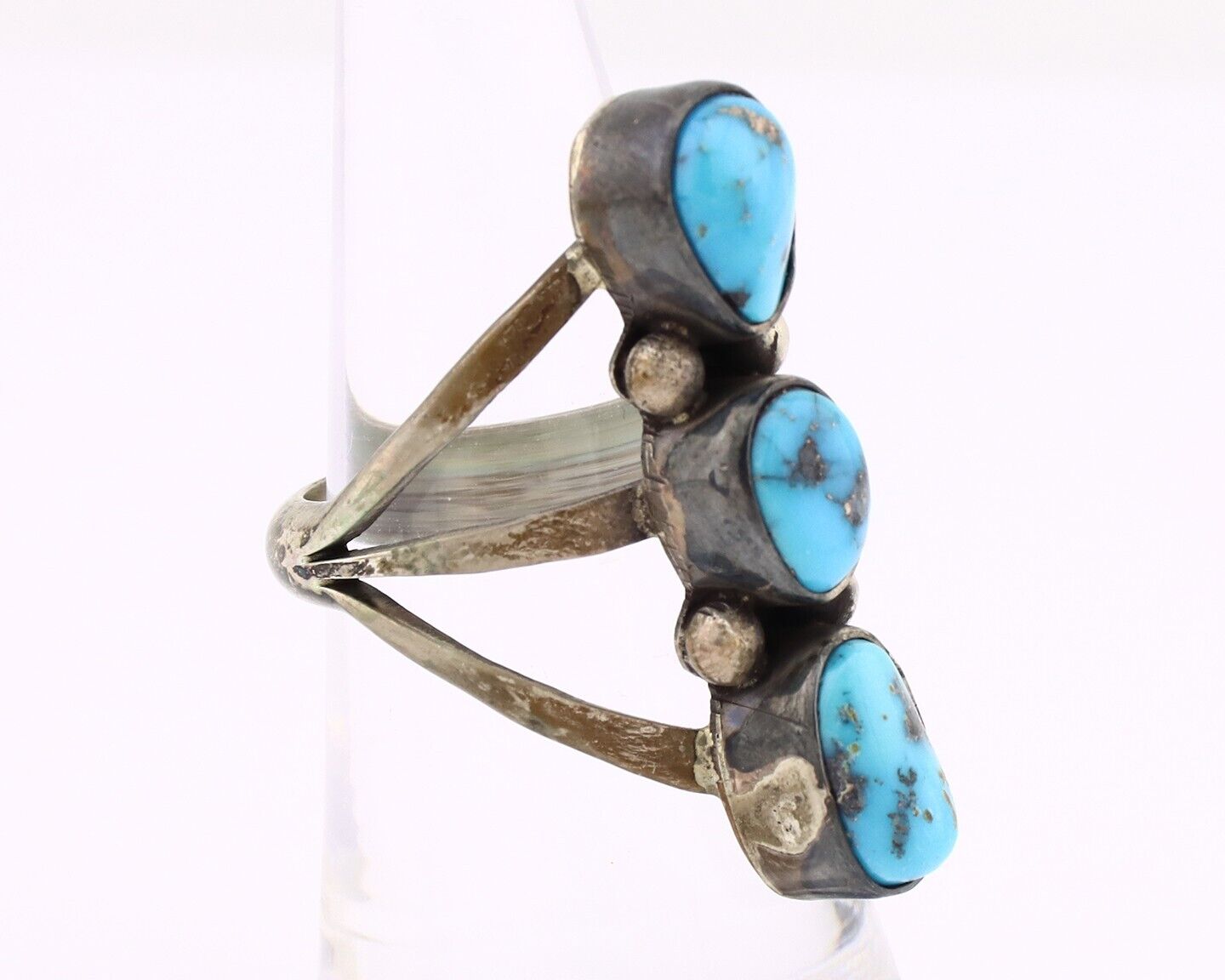 Navajo 3 Stone Ring 925 Silver Blue Turquoise Native American Artist C.80's