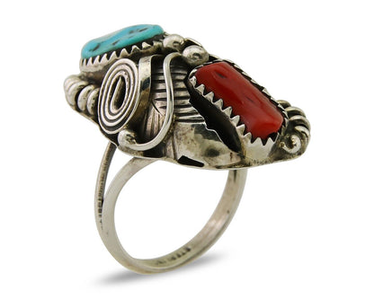 Navajo Handmade Ring 925 Silver Coral & Turquoise Native Artist C.80's