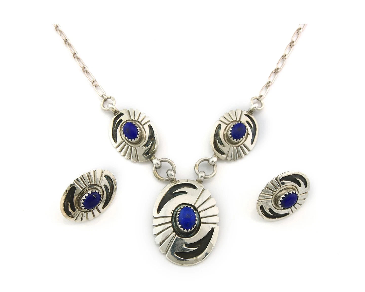 Navajo Necklace Earring Set Sterling Silver Natural Lapis Artist Signed LY