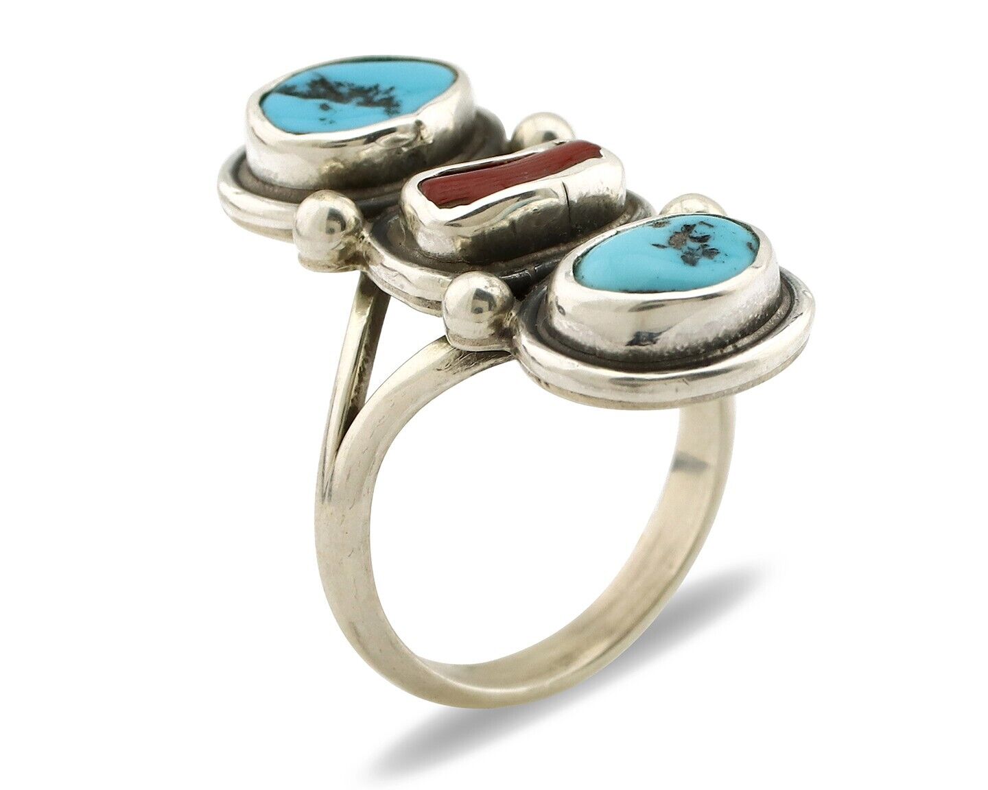 Navajo Ring 925 Silver Sleeping B Turquoise & Coral Native American Artist C.80s