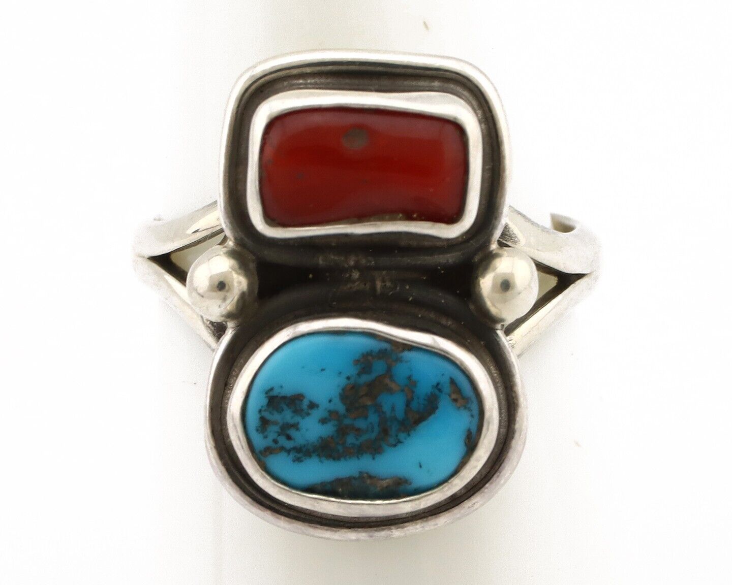 Navajo Ring 925 Silver SB Turquoise & Red Coral Native American Artist C.80s