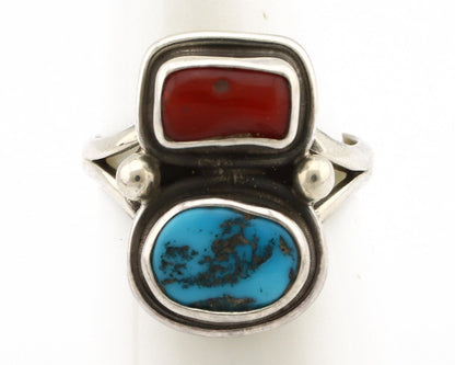 Navajo Ring 925 Silver SB Turquoise & Red Coral Native American Artist C.80s
