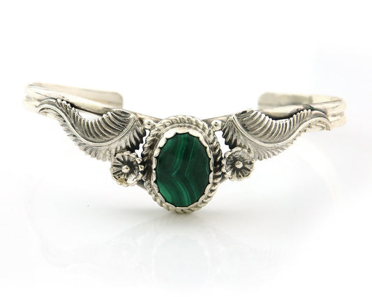 Navajo Cuff Bracelet Sterling Silver Natural Malachite Vintage Signed SN
