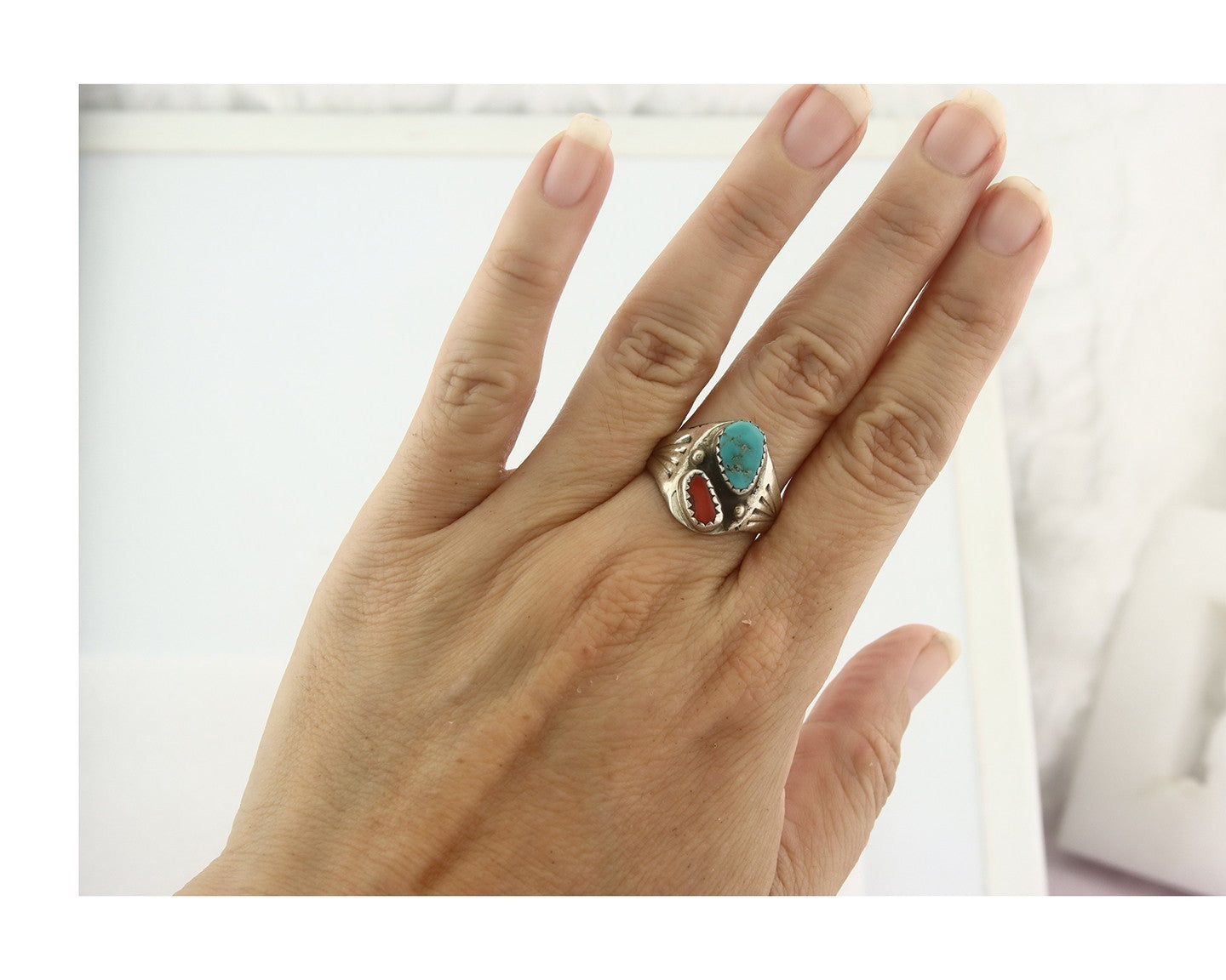 Vintage Navajo Ring 925 Sterling Silver Natural Gemstone Authentic Size 8.0
